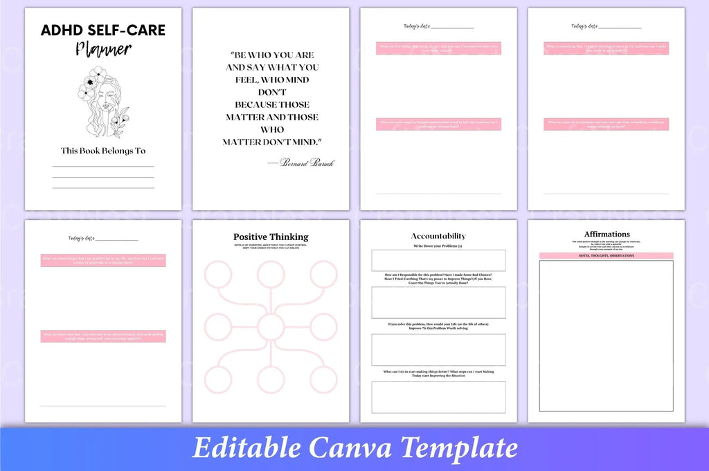 Self-care planner pages for ADHD featuring daily wellness tracker and healthy habit planner