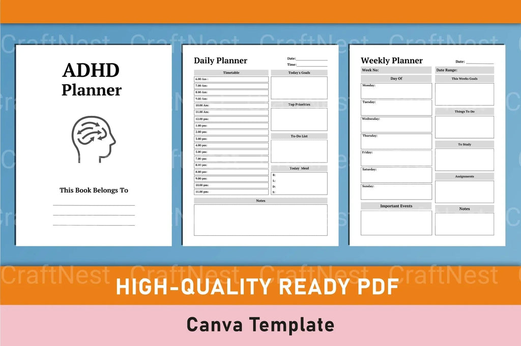 ADHD Printable Planner editable Canva layout for structured daily planning