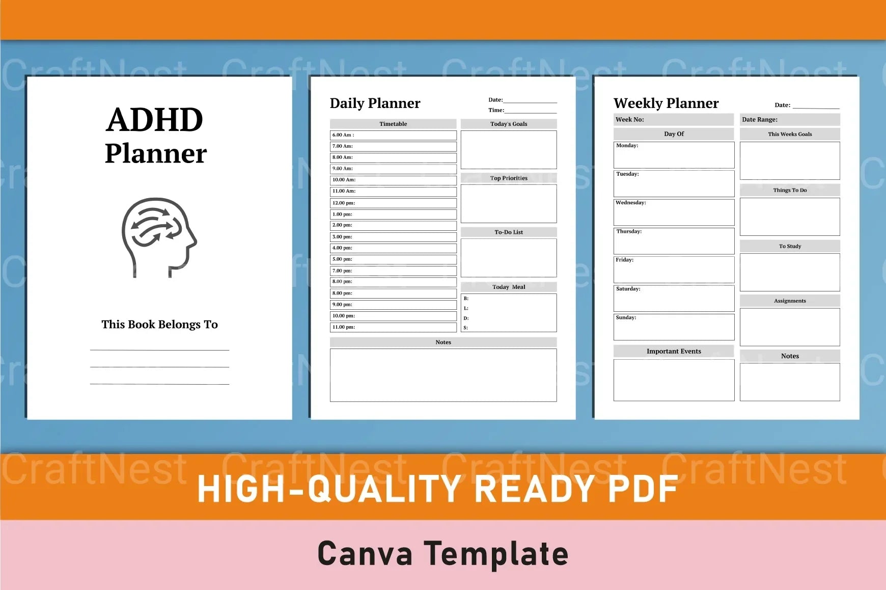 ADHD Printable Planner editable Canva layout for structured daily planning