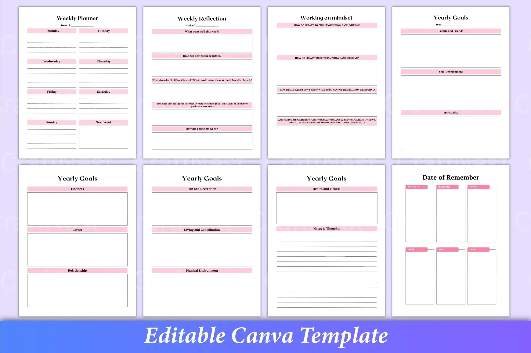 Printable ADHD self-care planner bundle with wellness worksheets and habit tracking pages
