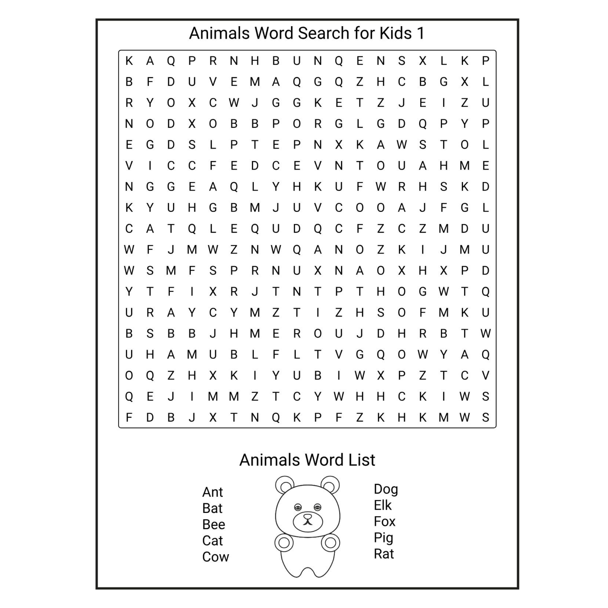 Animals Word Search for Kids