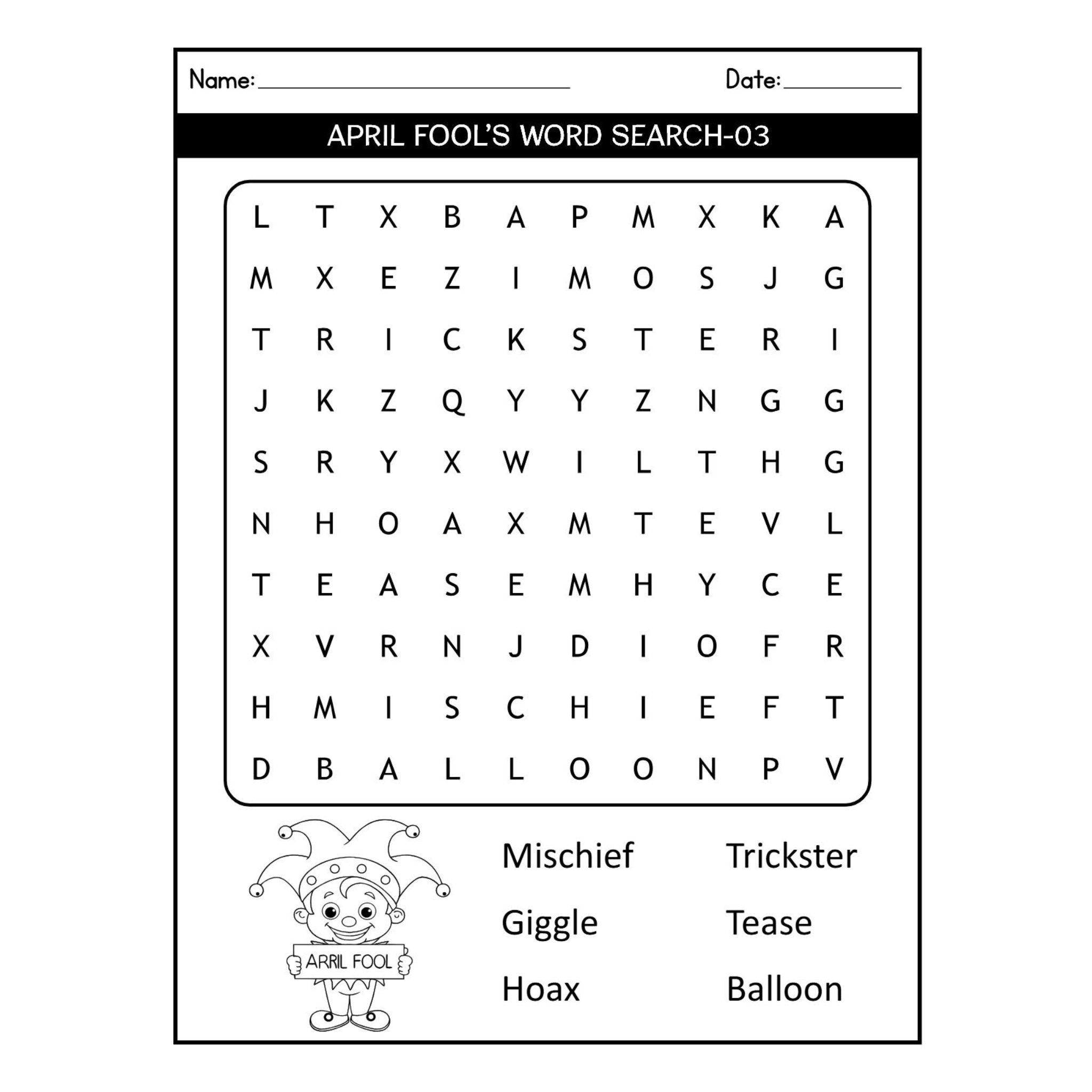 April Fools' Word Search Puzzles for Kids
