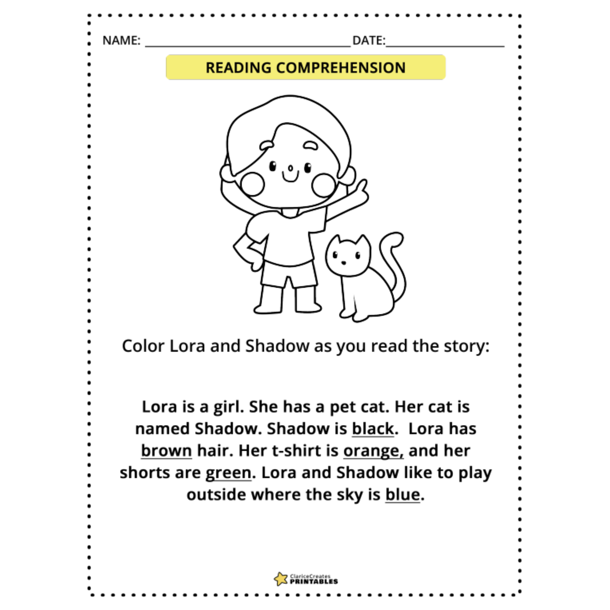 Color and Gender Reading Comprehension Worksheets
