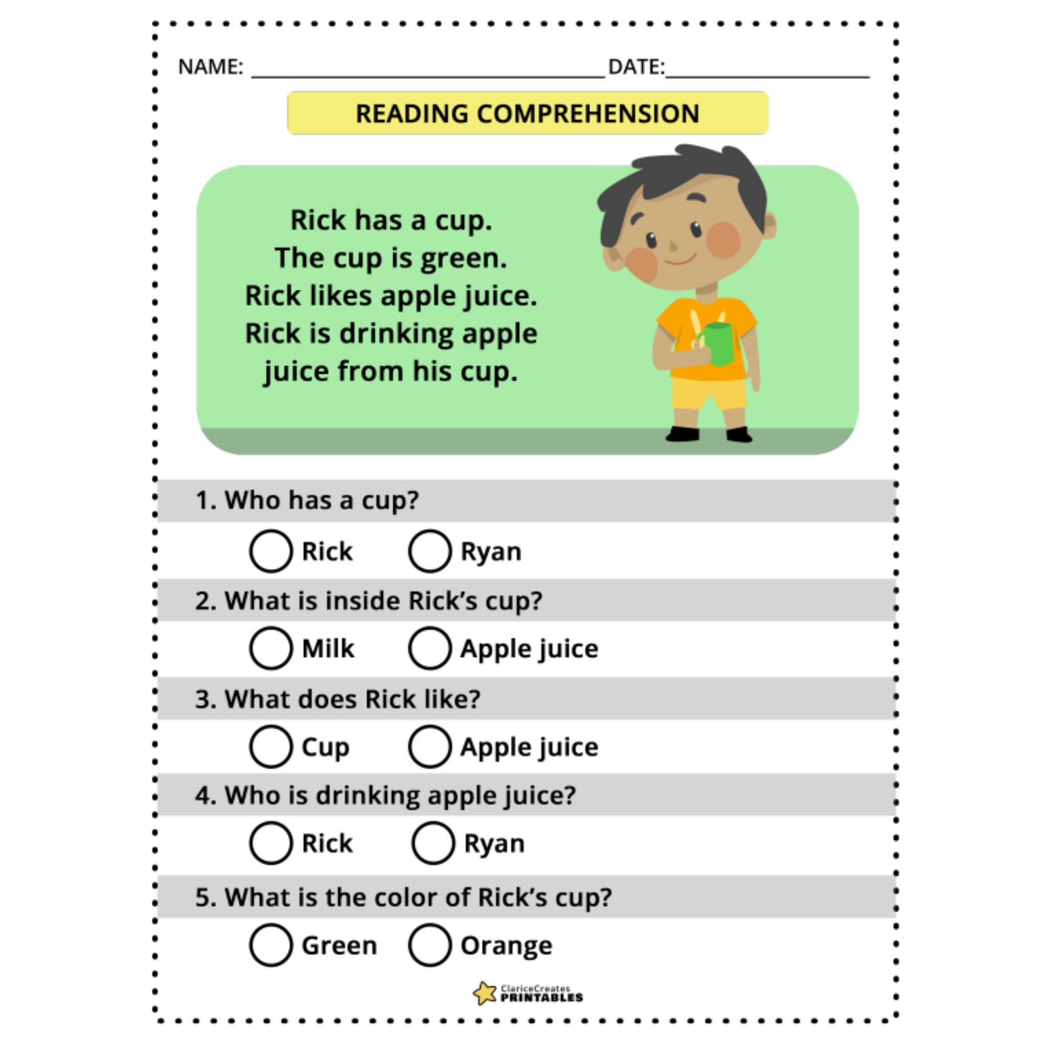 Color and Gender Reading Comprehension Worksheets