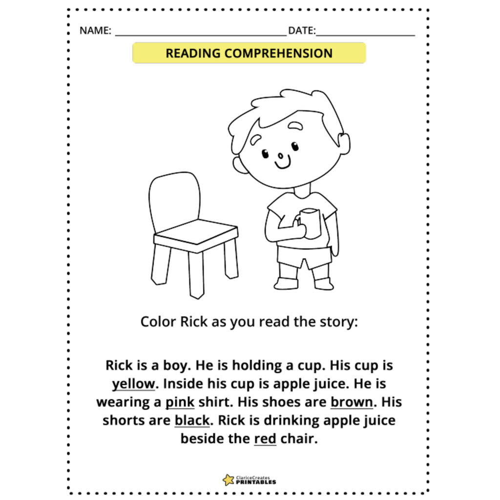 Color and Gender Reading Comprehension Worksheets