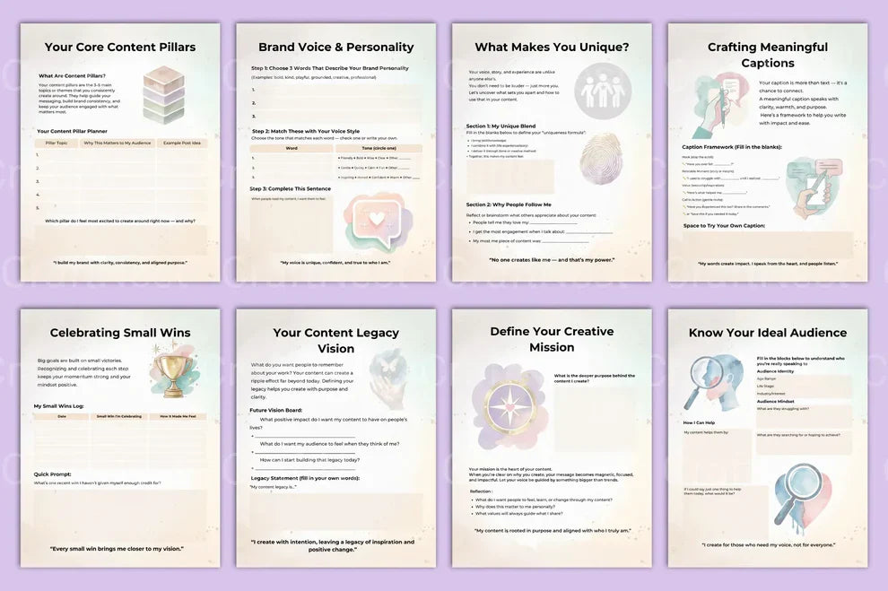 Content creator planner pages, a helpful digital product for brand strategy.