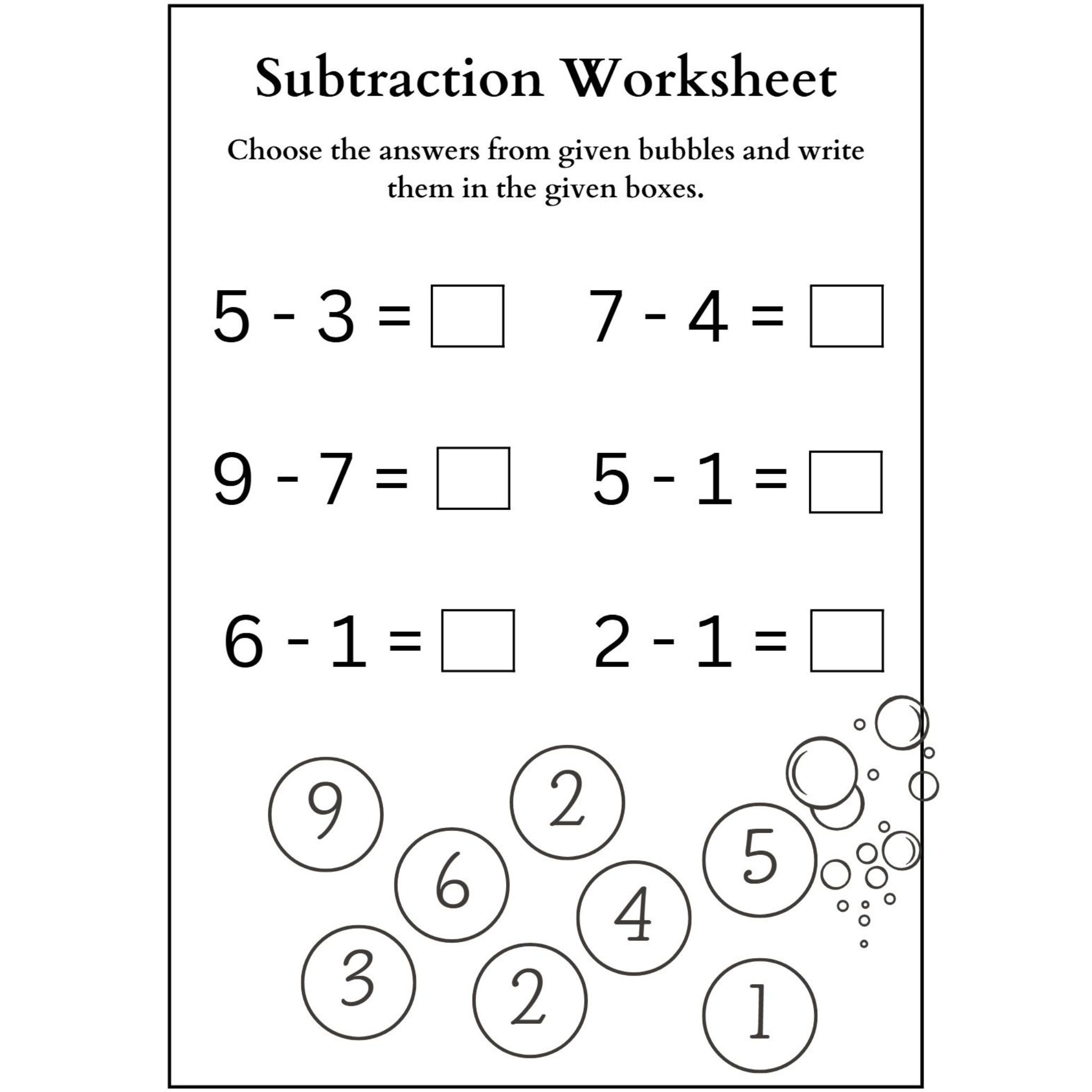 Subtraction Choose the Answer Worksheets