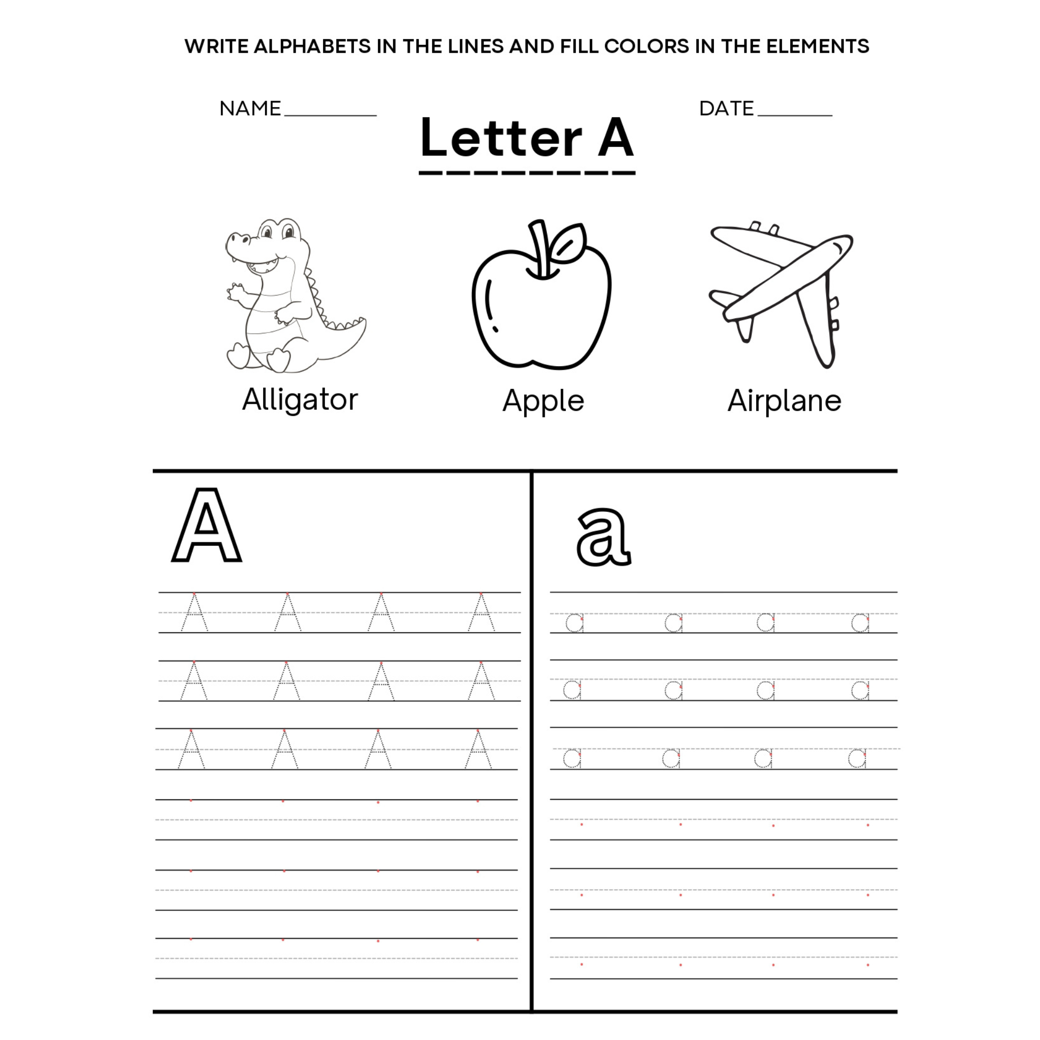 Alphabet Writing and Coloring Worksheets a to Z