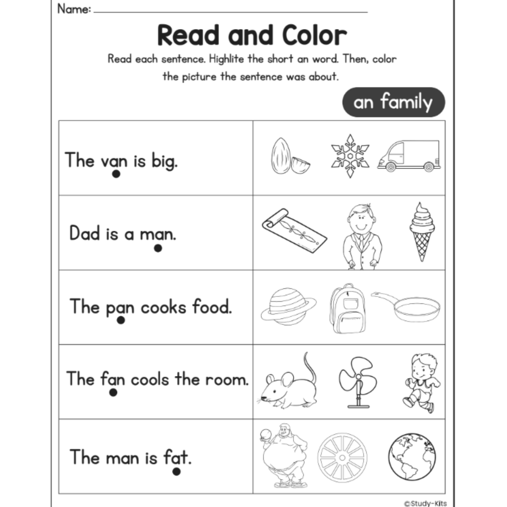 CVC Word Fluency Read and Color Worksheets