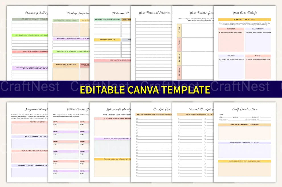 Editable Canva template self-discovery journal digital product.