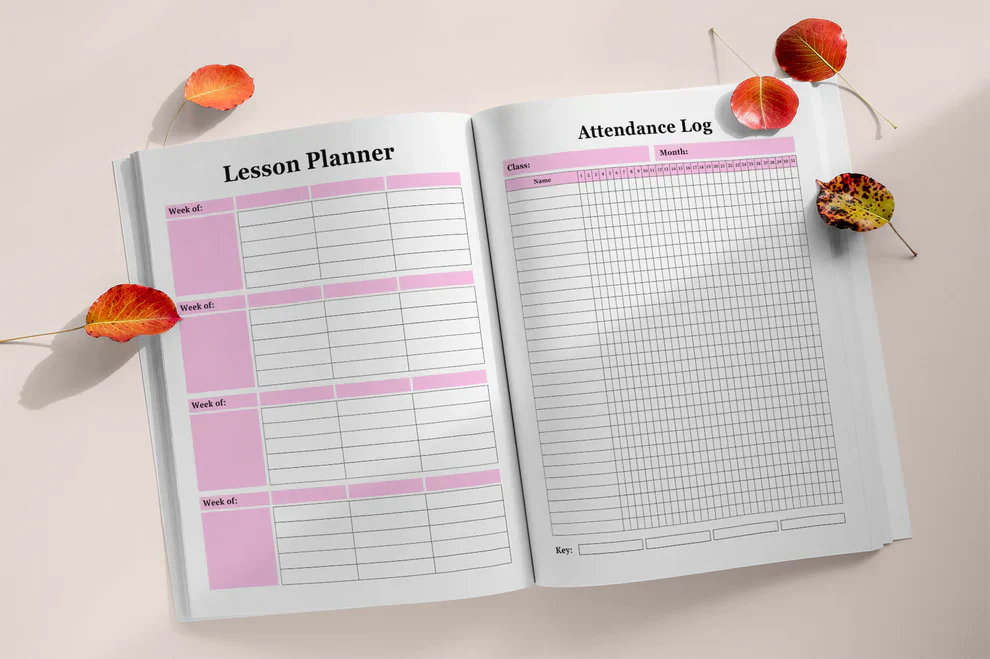 Lesson planner and attendance log pages in a school digital product.