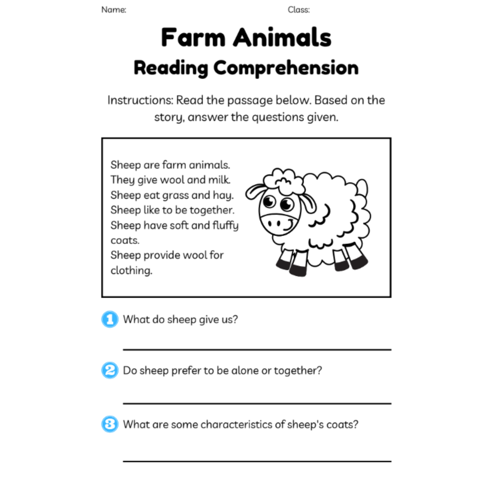 Farm Animals Reading Comprehension Worksheets