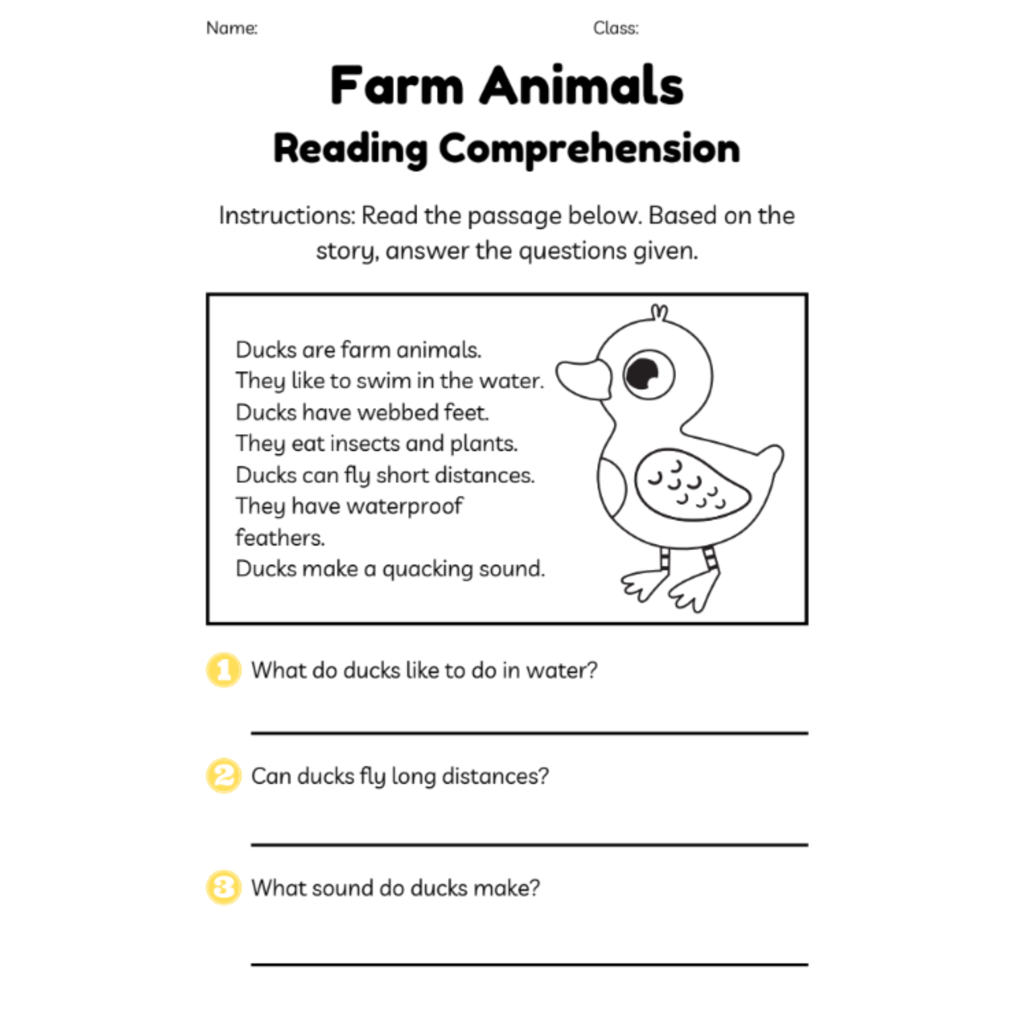 Farm Animals Reading Comprehension Worksheets