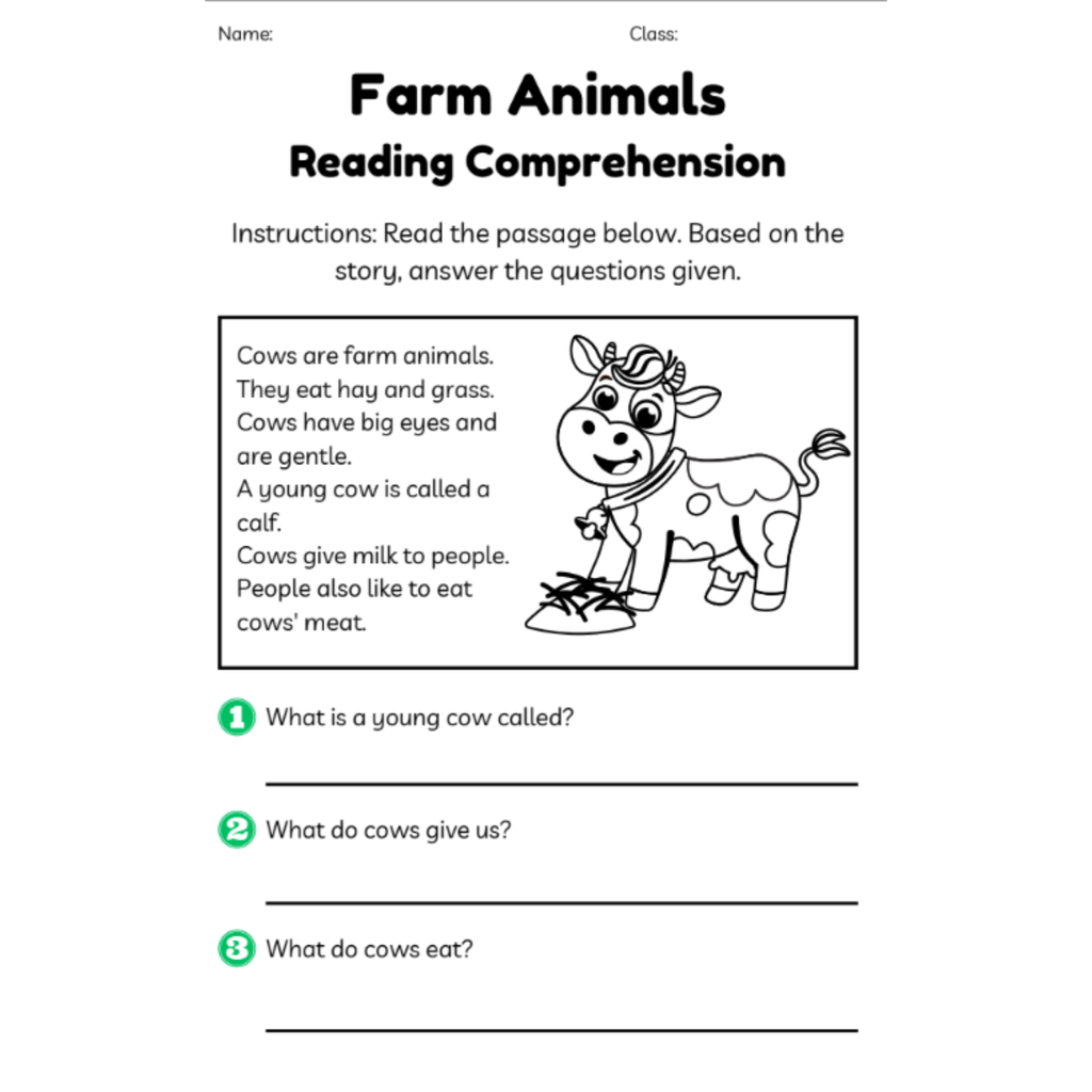 Farm Animals Reading Comprehension Worksheets