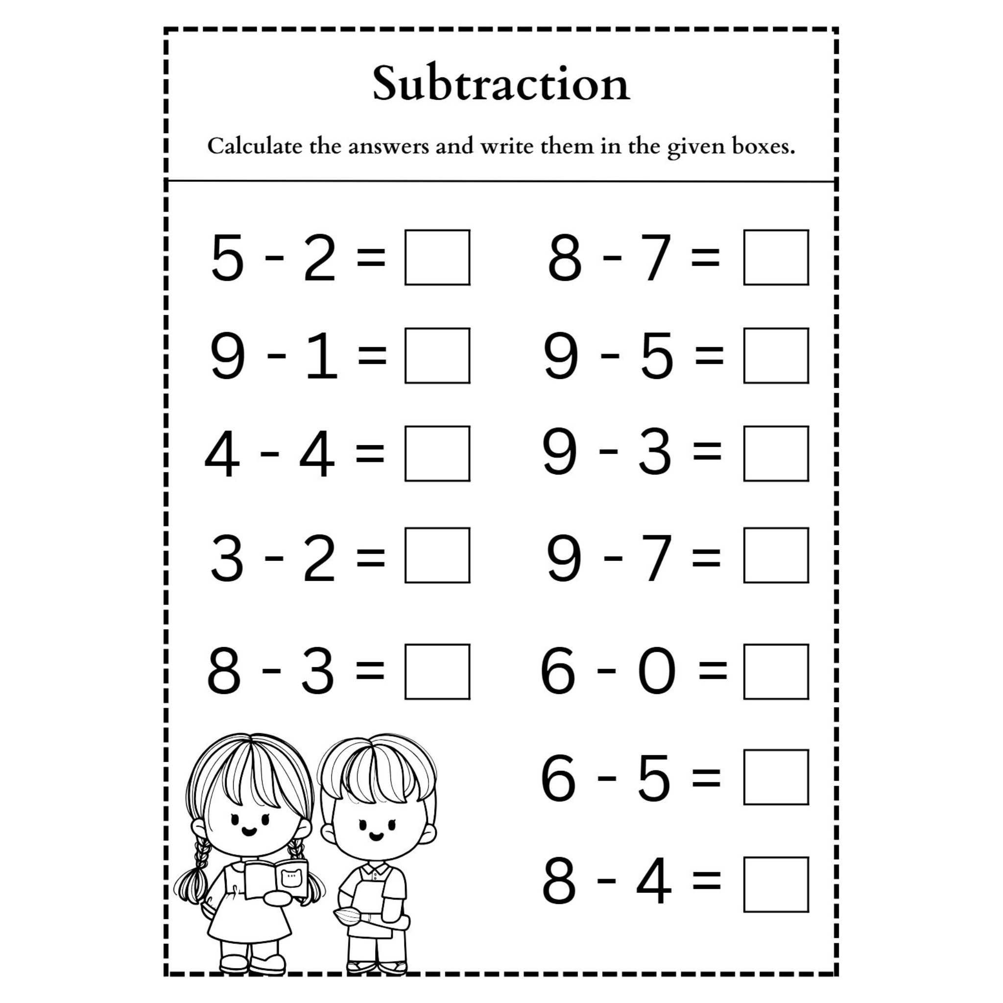 Subtraction Worksheet with Answer Boxes