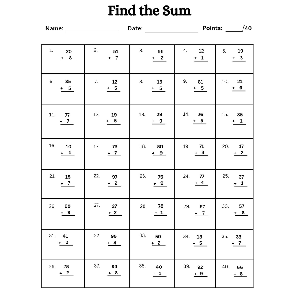 Find the Sum Addition Worksheets