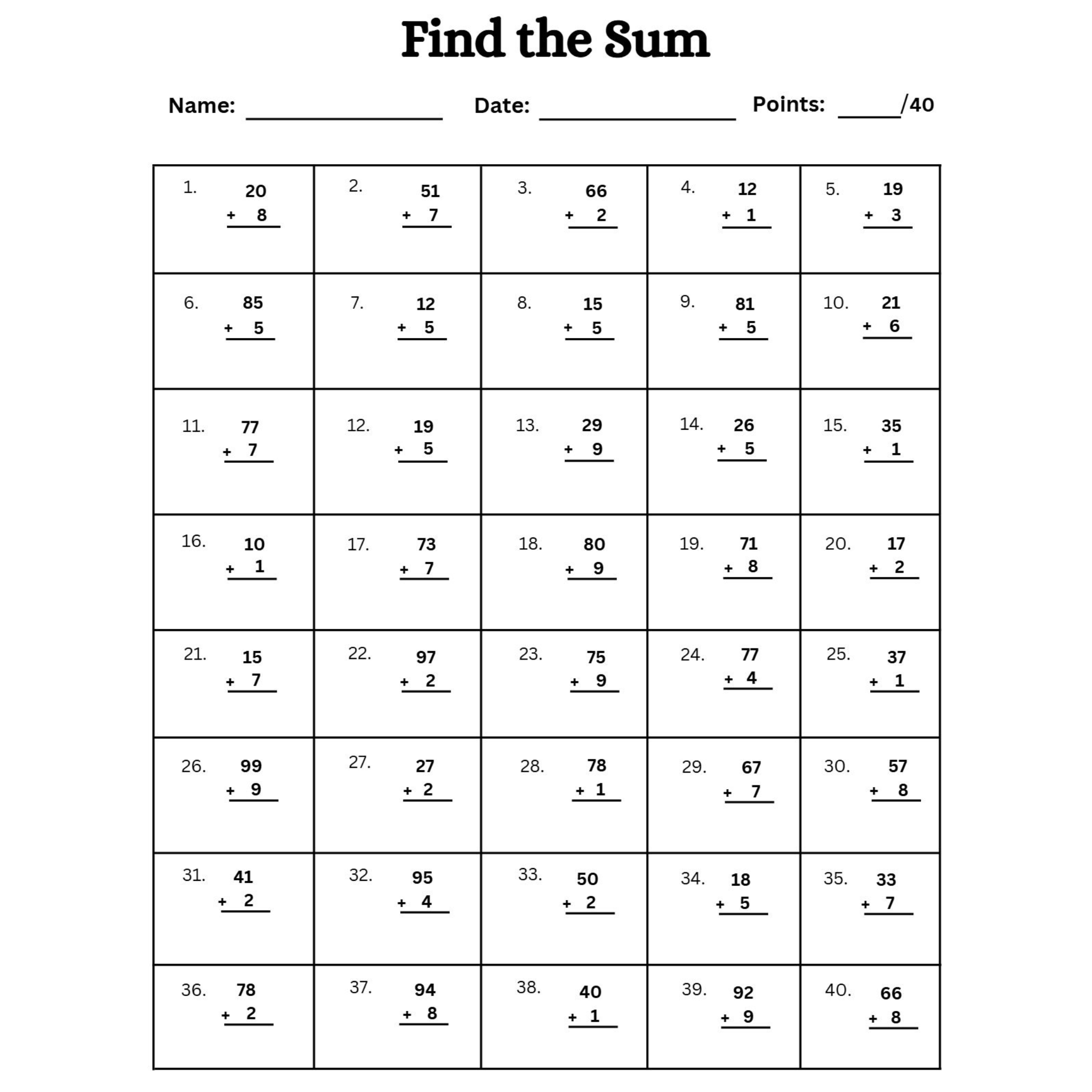 Find the Sum Addition Worksheets