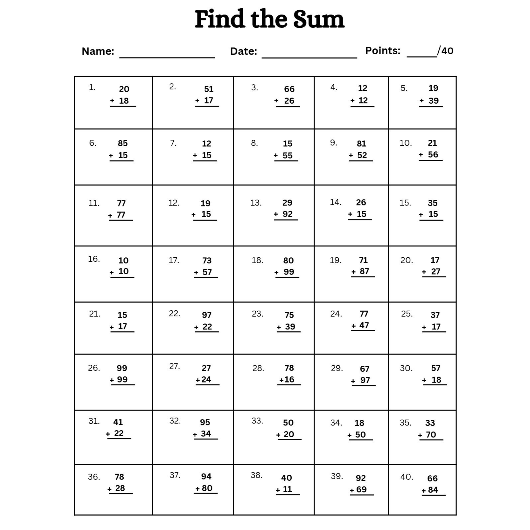 Find the Sum Addition Worksheets