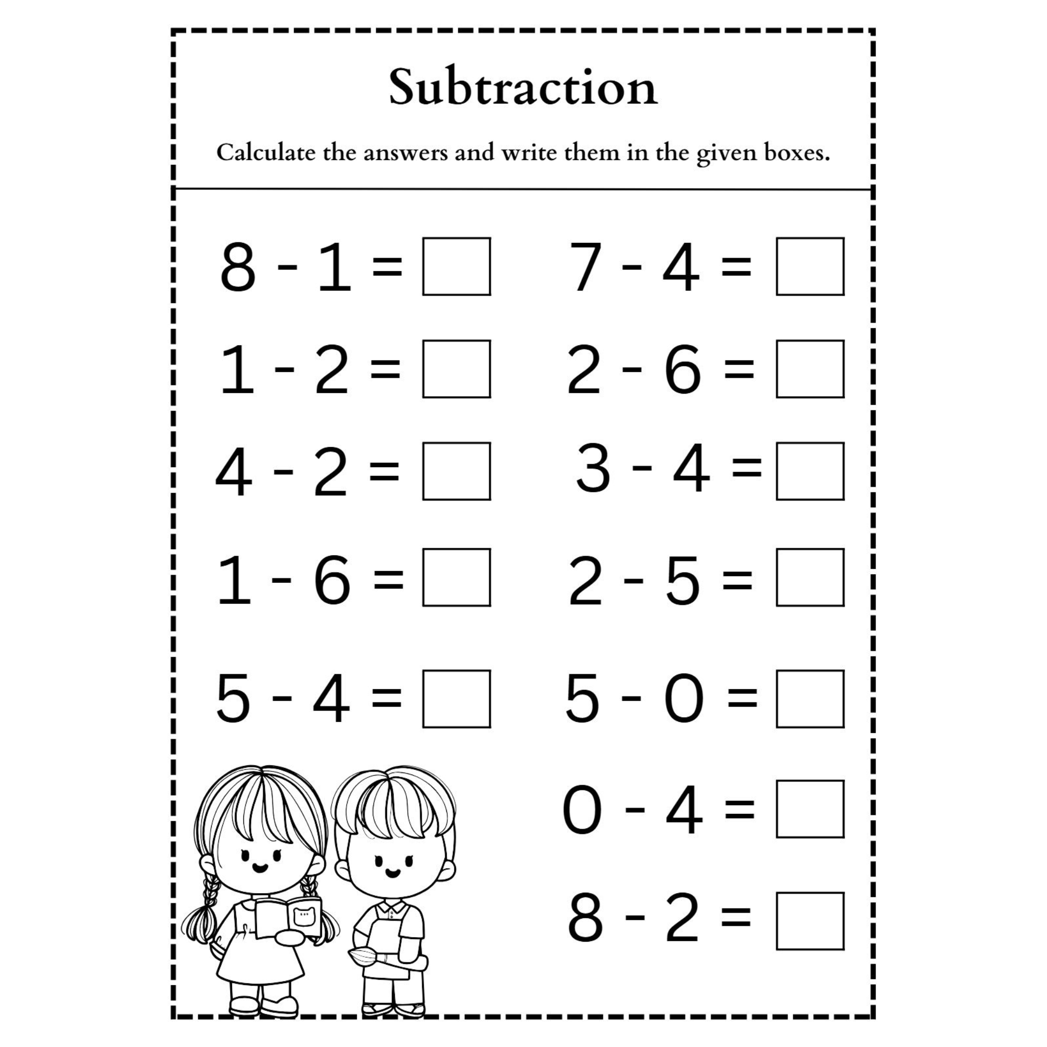 Subtraction Worksheet with Answer Boxes