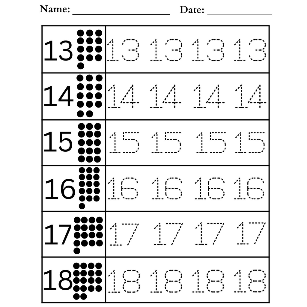 Numbers 1 18 Tracing Practice