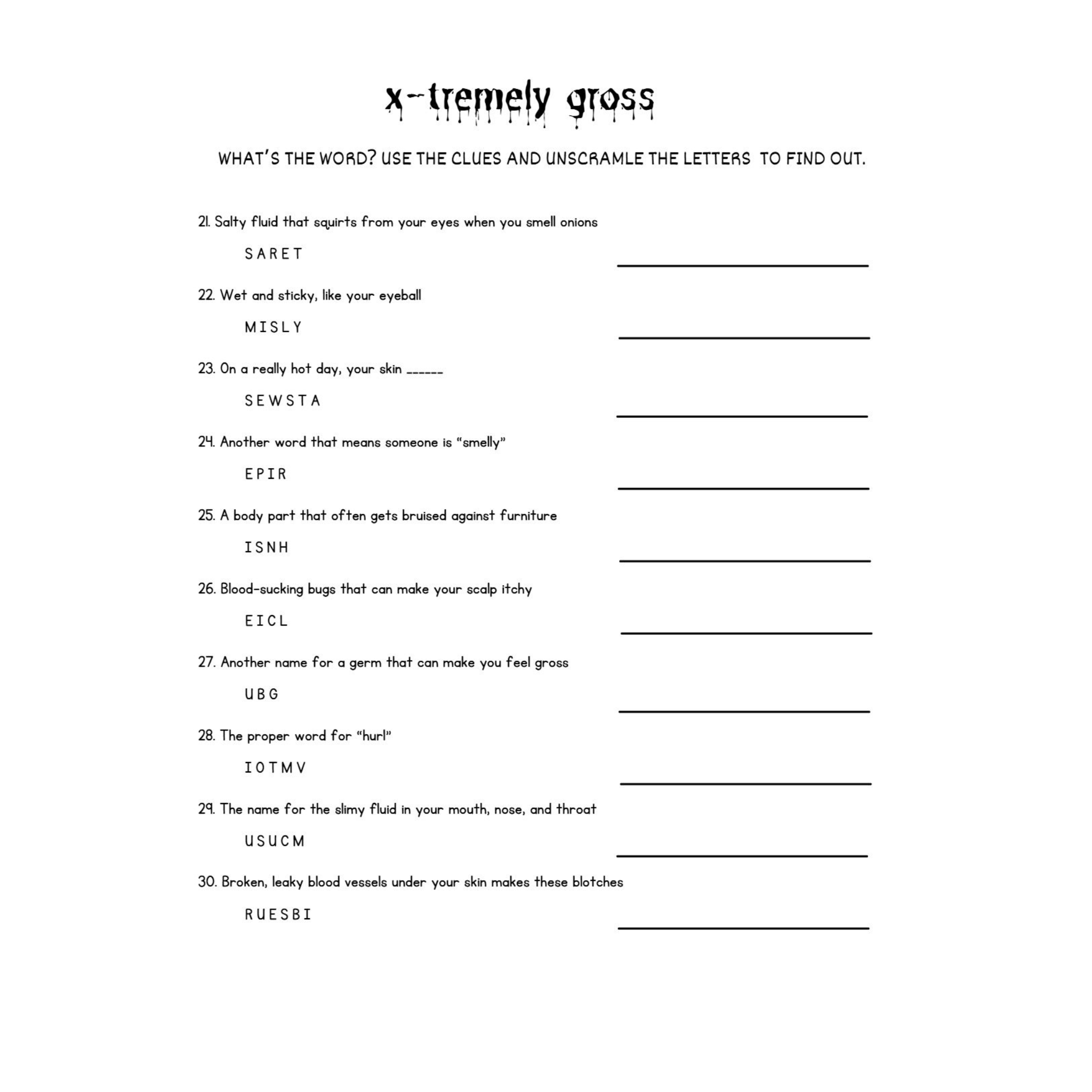 Gross Facts Human Body Unscramble Worksheets