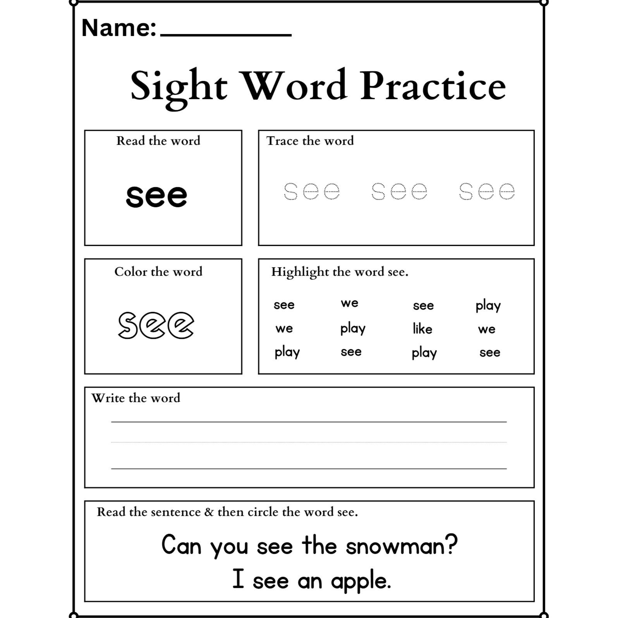 Sight Word Practice Tracing Worksheets