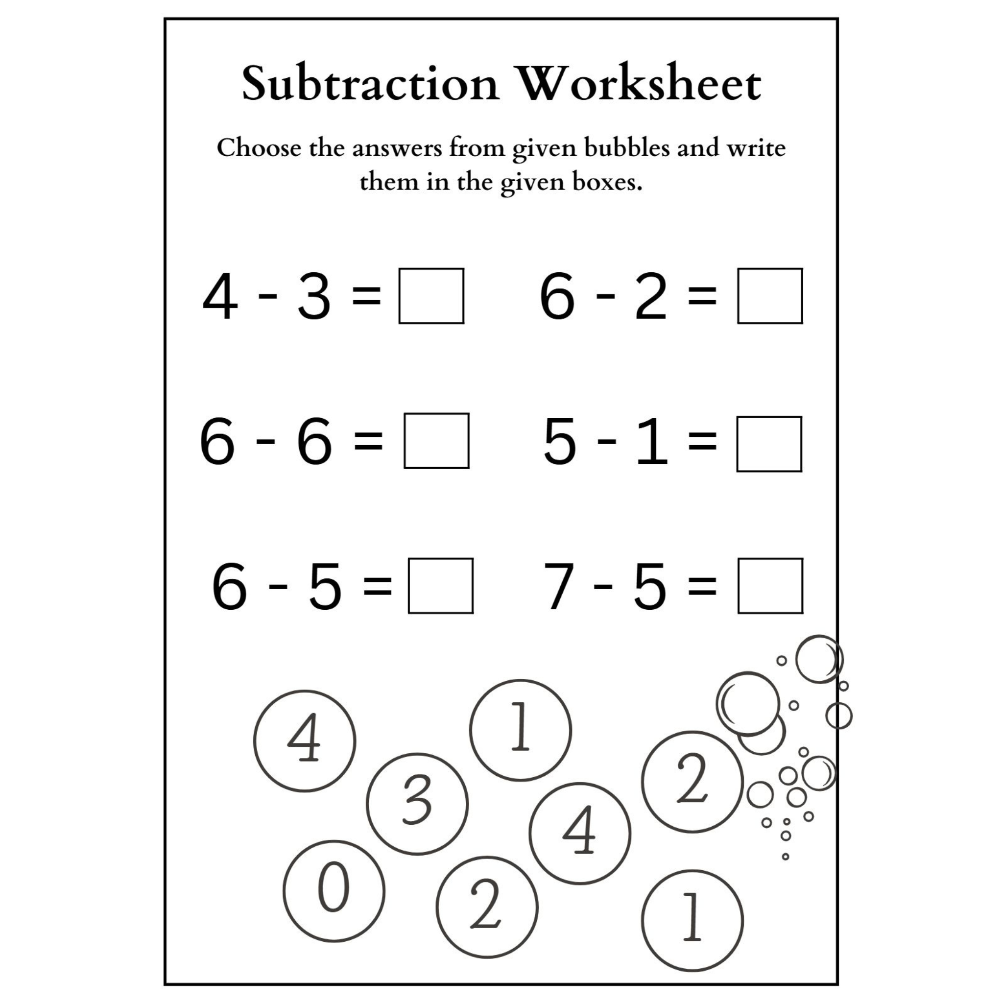 Subtraction Choose the Answer Worksheets