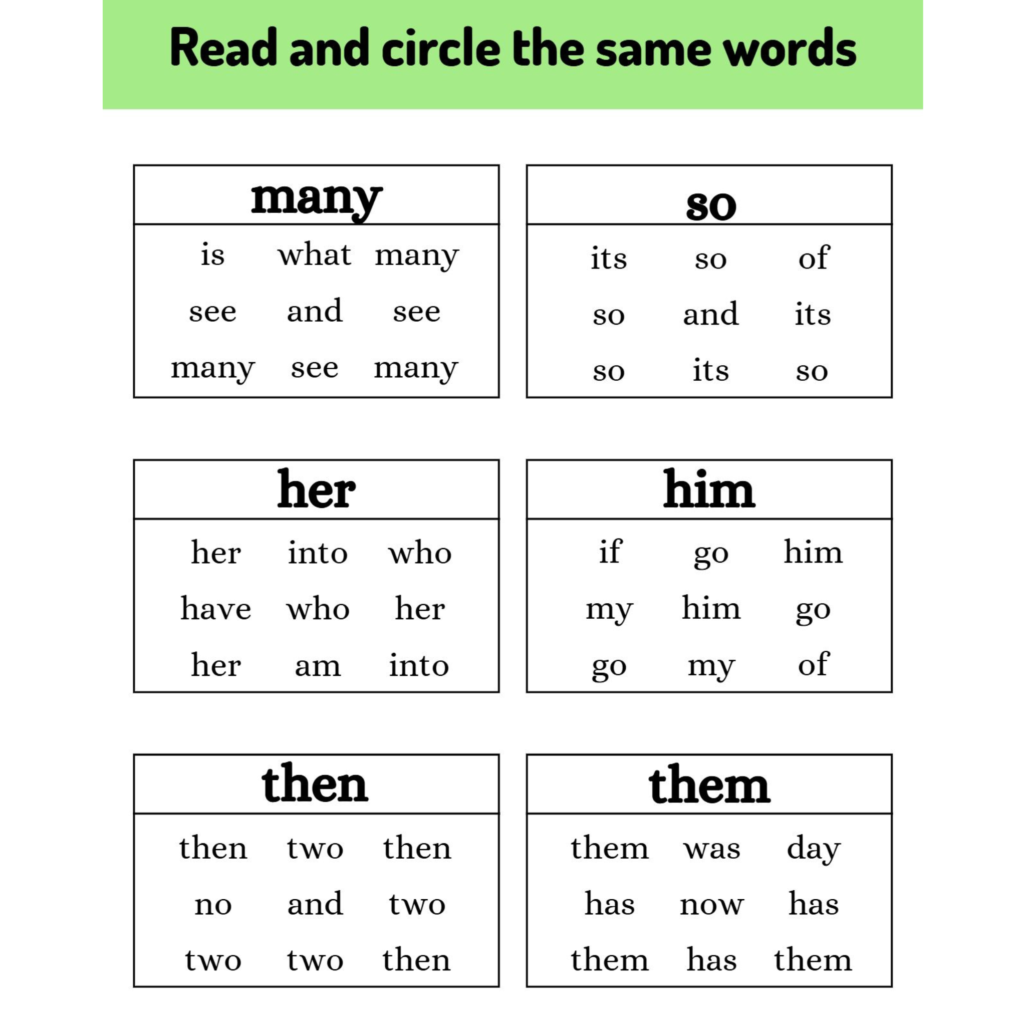 Sight Word Read and Circle Worksheets