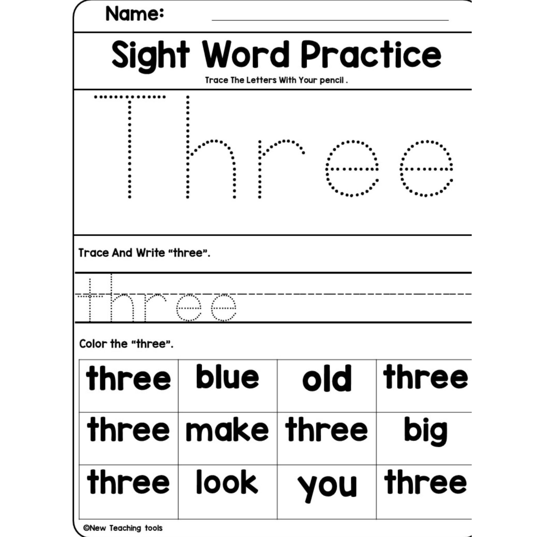 Pre Kindergarten Dolch Sight Word Practice