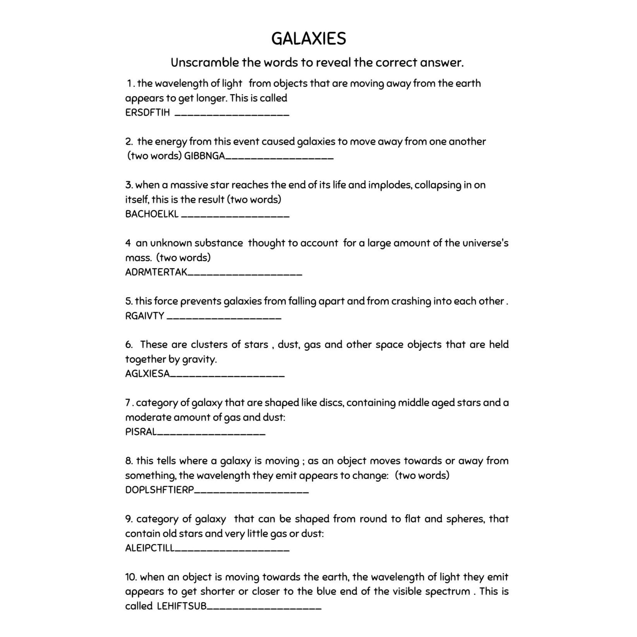 Space Science Worksheets Grade 6