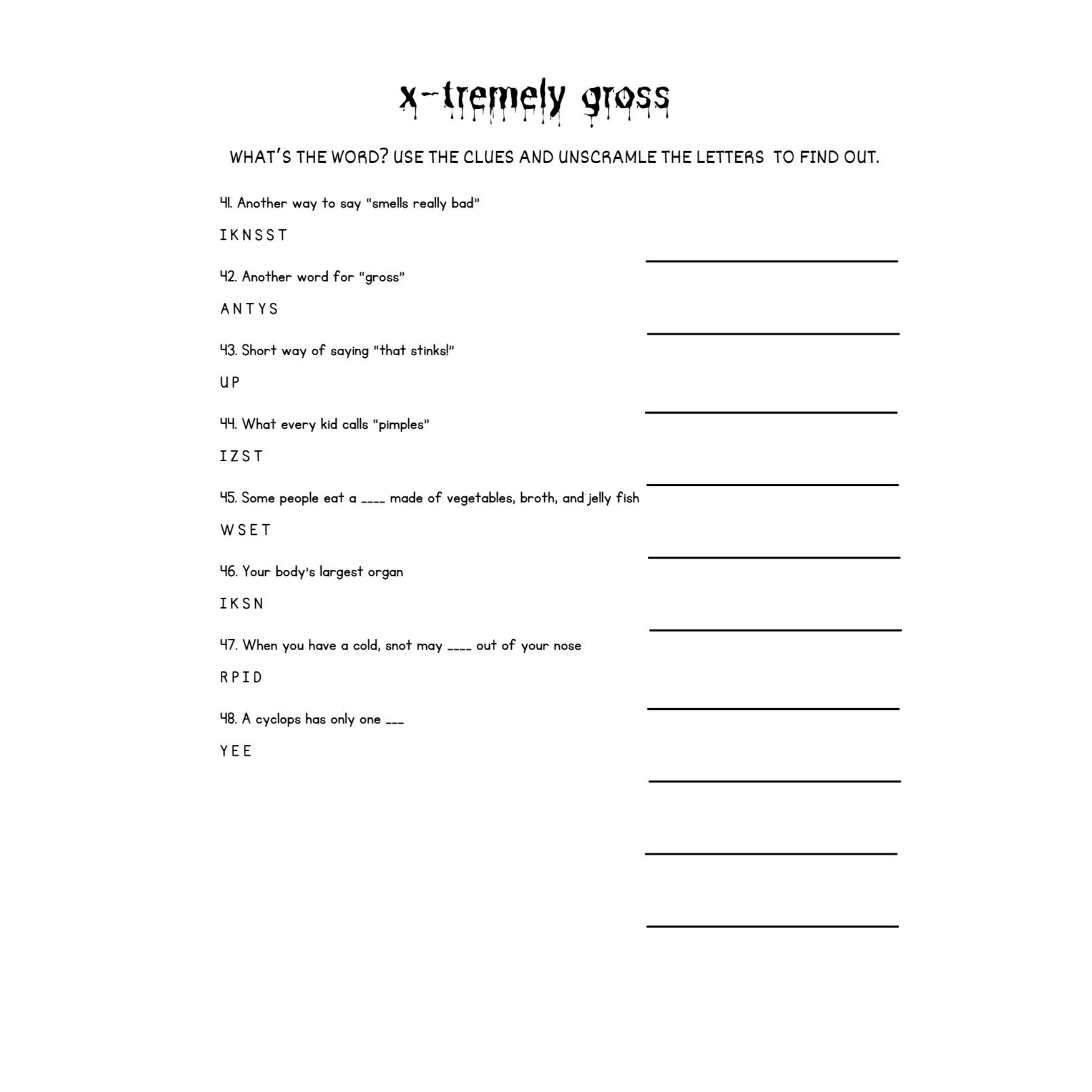 Gross Facts Human Body Unscramble Worksheets