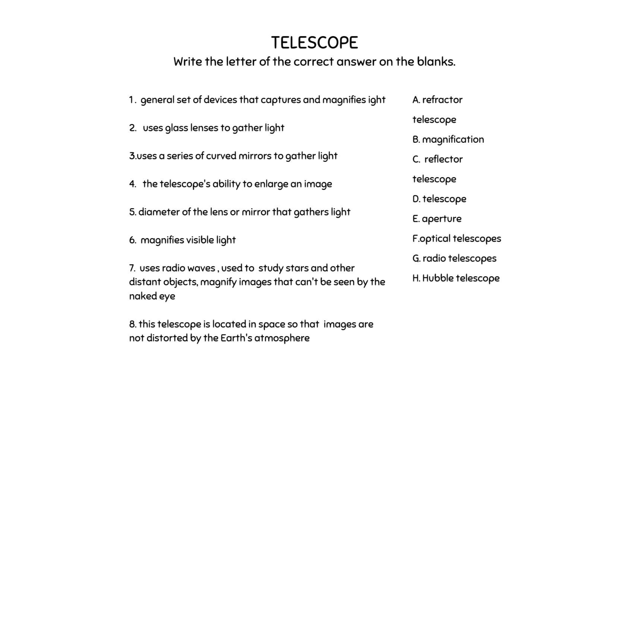 Space Science Worksheets Grade 6