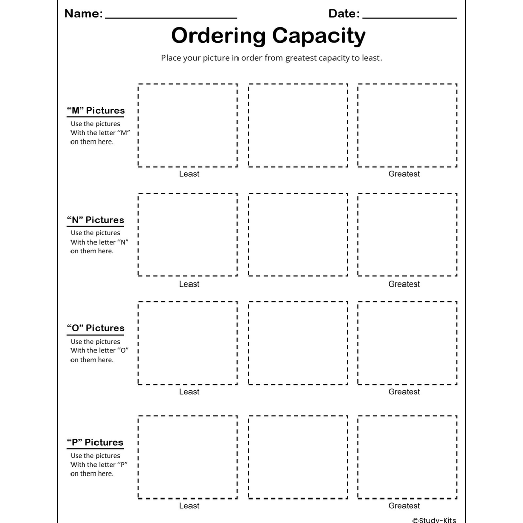 Measurement Capacity Sorting Worksheets