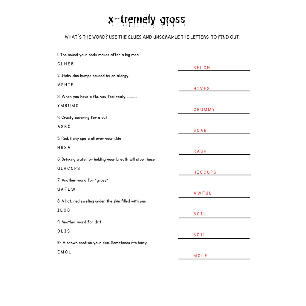 Gross Facts Human Body Unscramble Worksheets