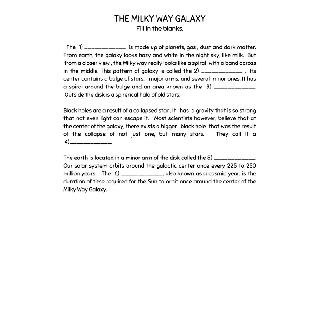 Space Science Worksheets Grade 6