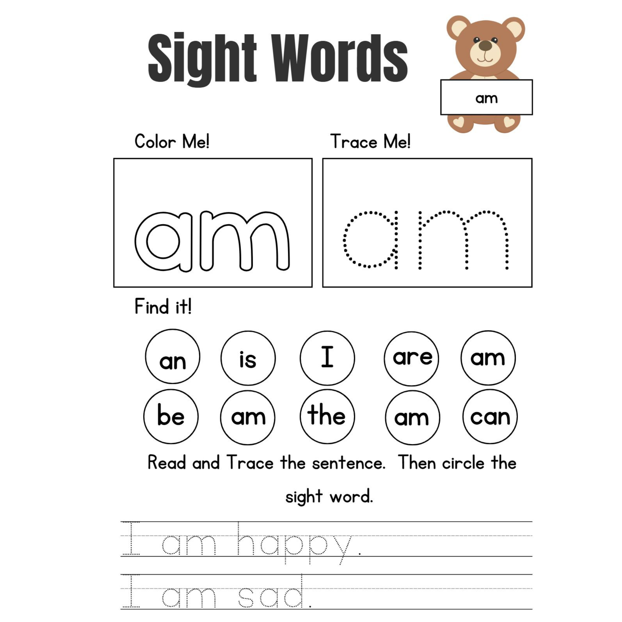 Learn Sight Words Tracing Worksheets
