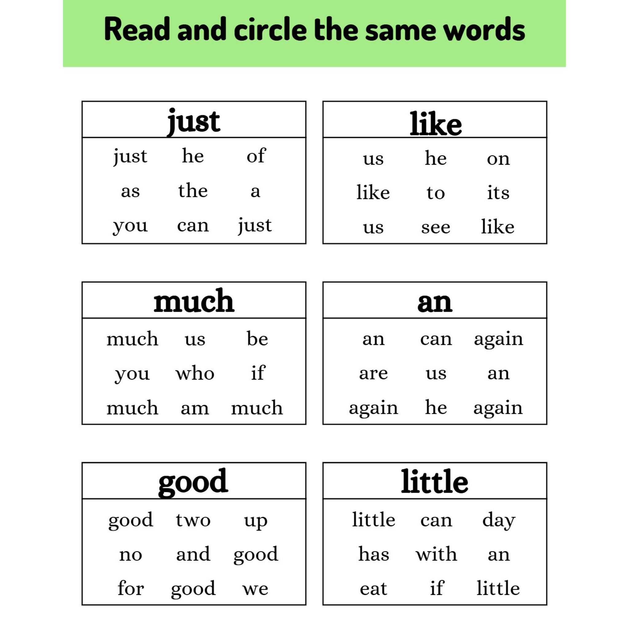 Sight Word Read and Circle Worksheets