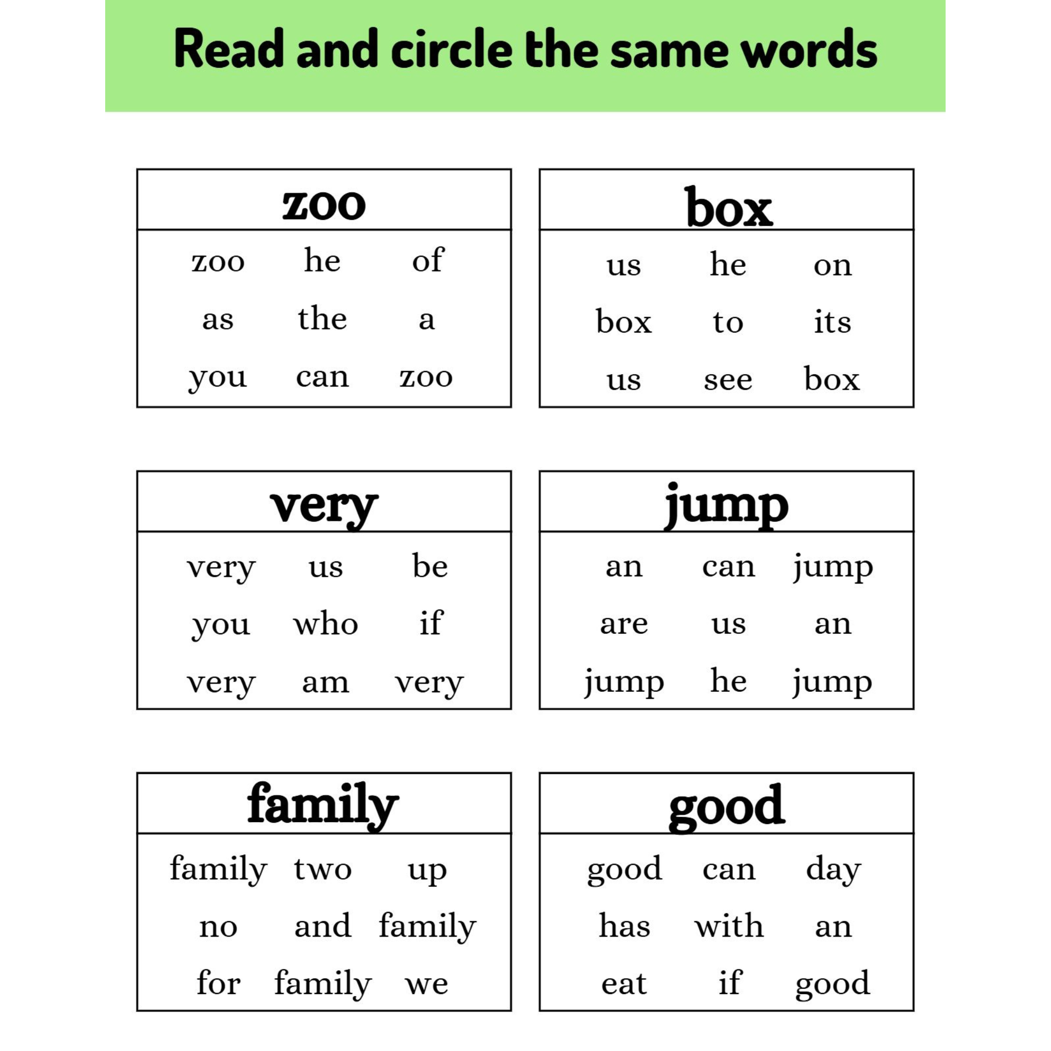 Sight Word Read and Circle Worksheets