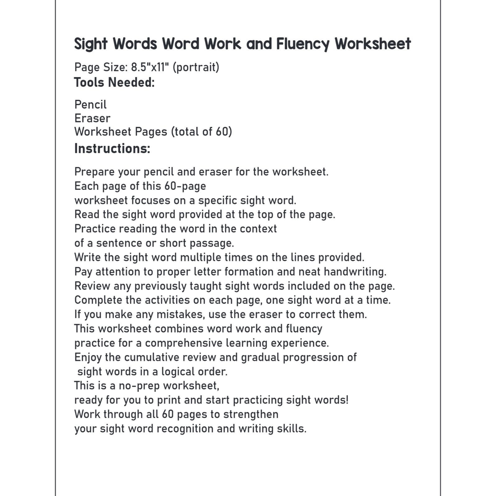 Science of Reading Sight Words Fluency Worksheets