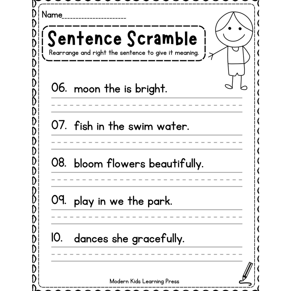 Kindergarten Sentence Scramble Worksheets
