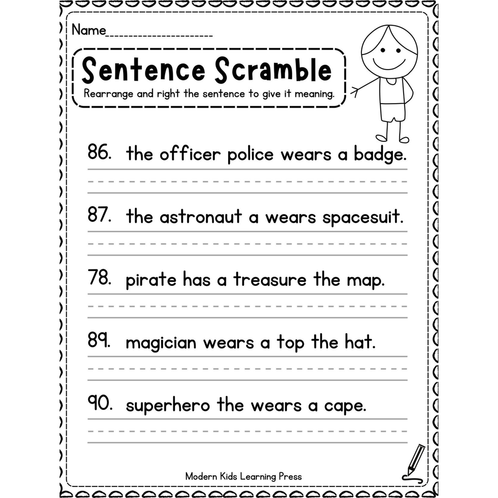Kindergarten Sentence Scramble Worksheets