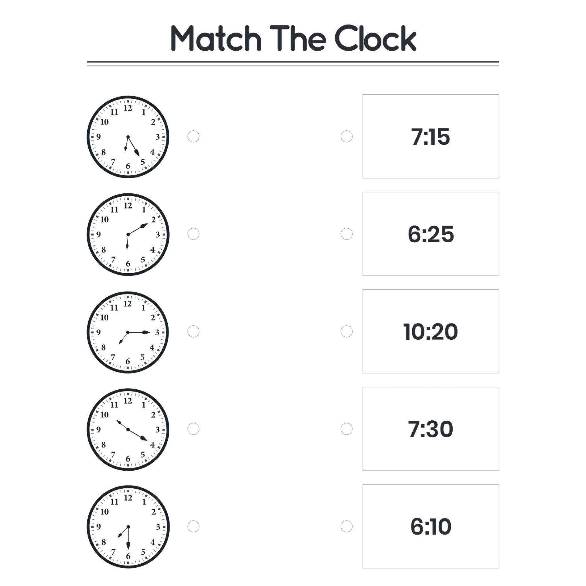 Match the Clock Time Worksheets for Kindergarten