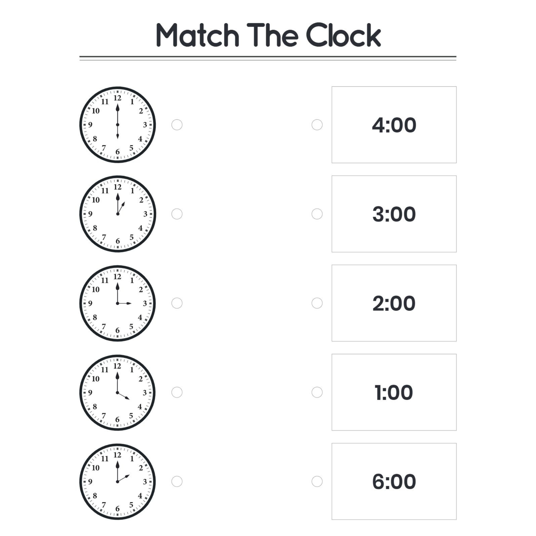 Match the Clock Time Worksheets for Kindergarten