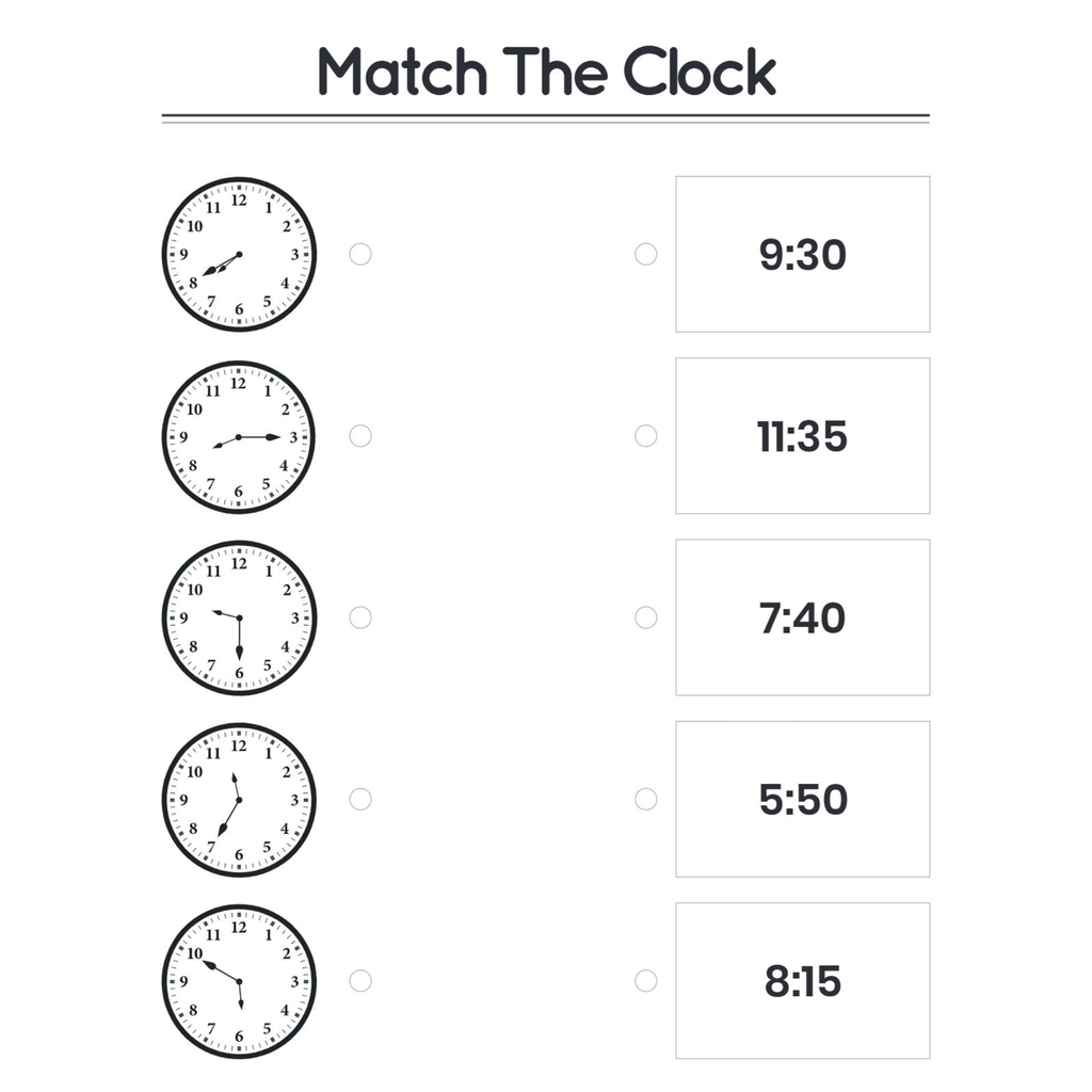 Match the Clock Time Worksheets for Kindergarten