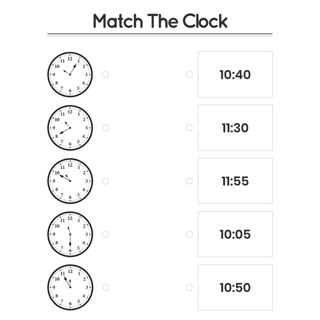 Match the Clock Time Worksheets for Kindergarten