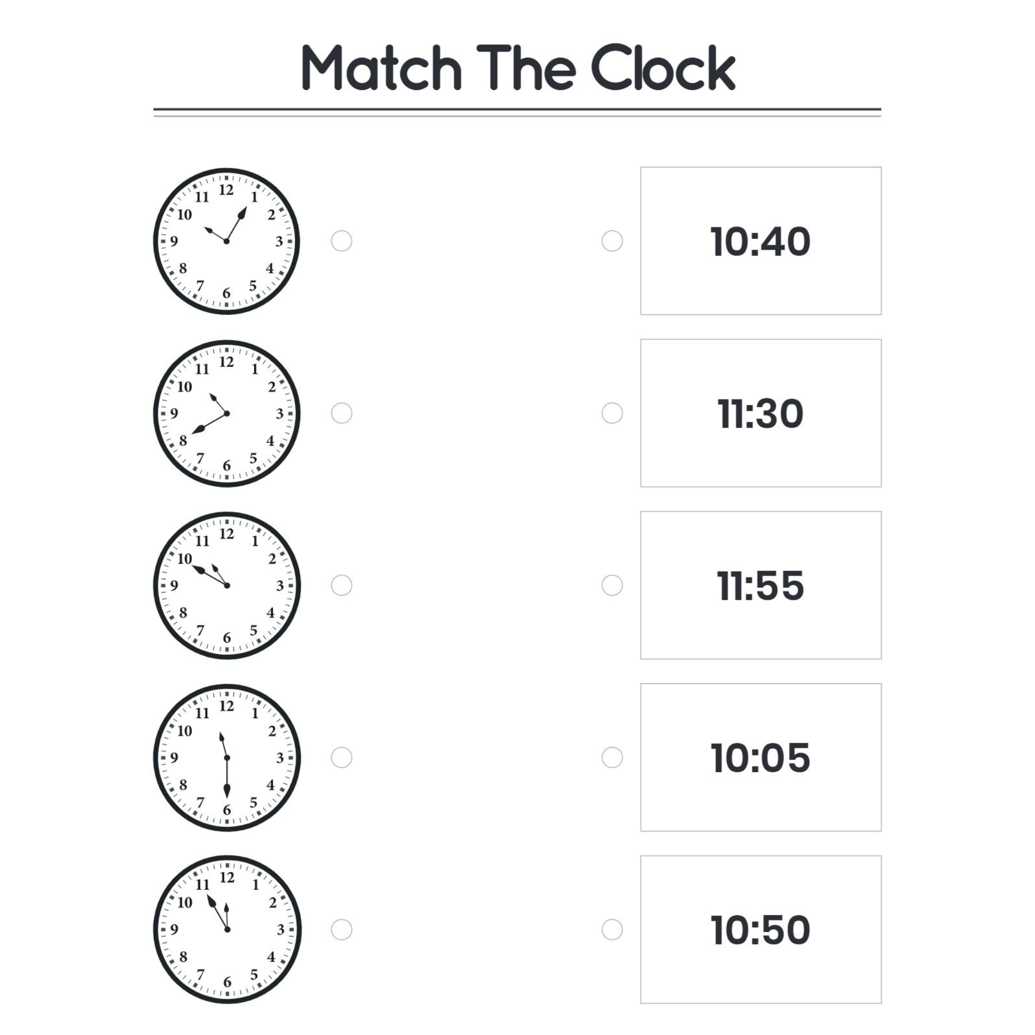 Match the Clock Time Worksheets for Kindergarten