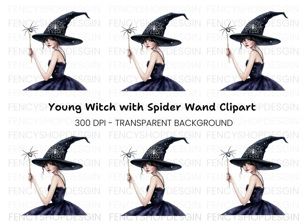 Mystical Witch with Spider Wand Clipart Bundle