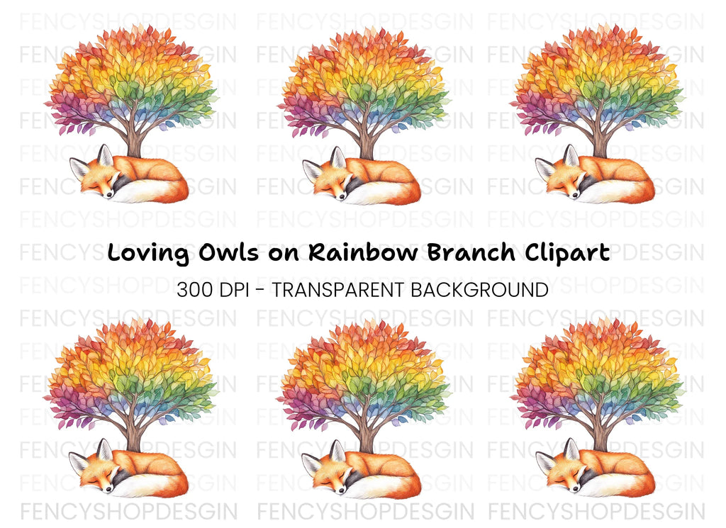 Sleeping Fox Under Rainbow Tree Clipart Bundle