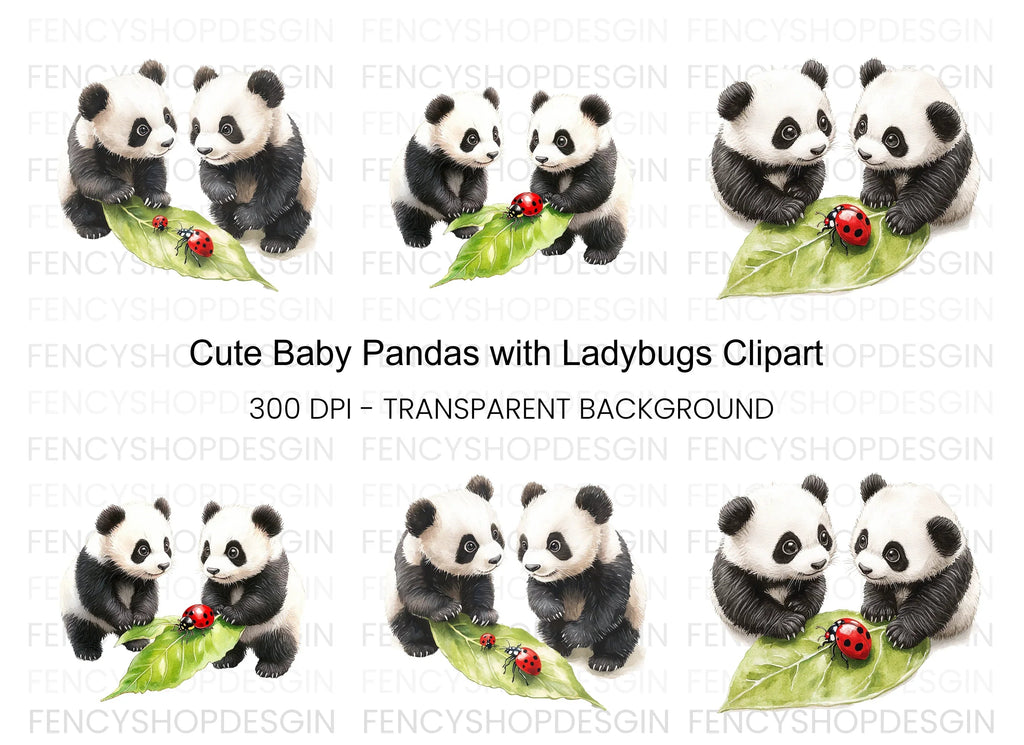 Cute Panda and Ladybugs Clipart Bundle