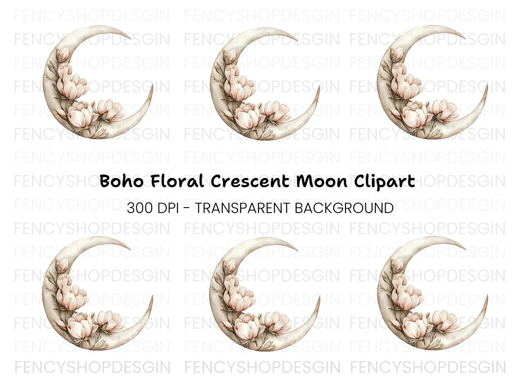 Floral Crescent Moon Clipart Bundle